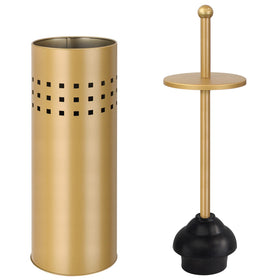 Blue Donuts toilet plunger with holder front view, compact storage for small bathrooms