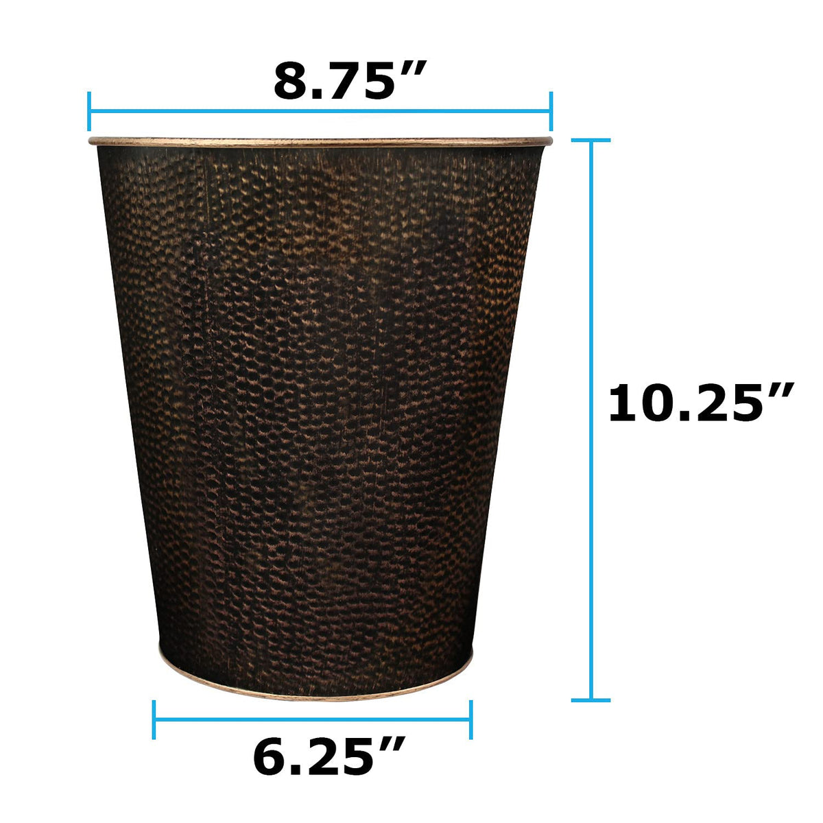 Blue Donuts wastebasket bronze hammered view, space-saving design for bedrooms or offices.