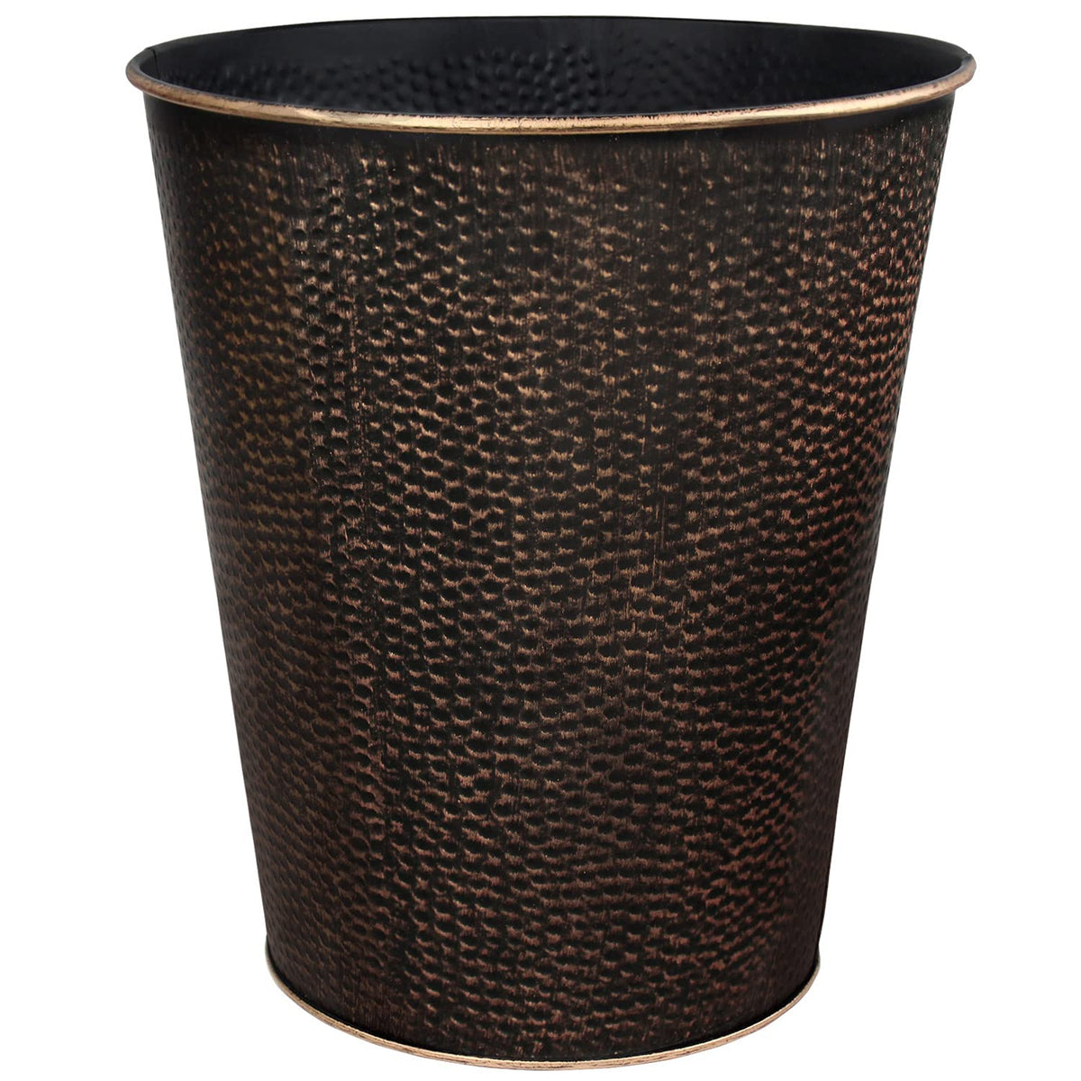 Blue Donuts wastebasket in bronze hammered finish, ideal for bathroom organization and small spaces.