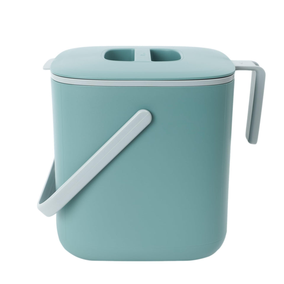 BLUE GINKGO compost bin on counter with lid seal for odor control.