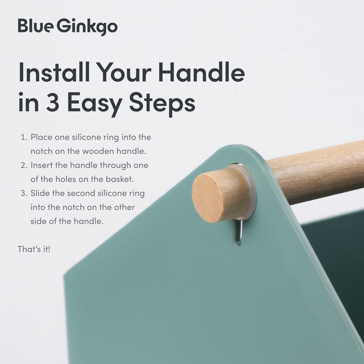 BLUE GINKGO green storage basket in bathroom setup for essentials