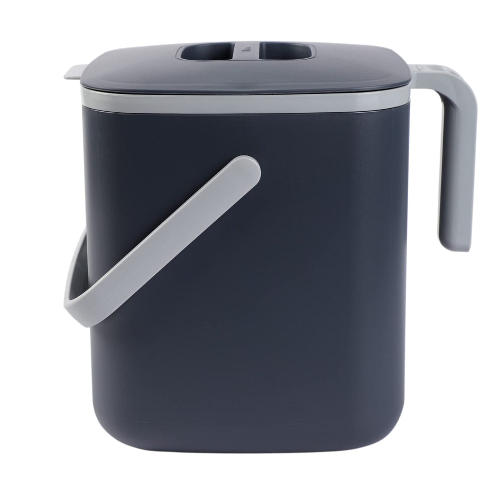 Blue Ginkgo compost bin on countertop, front view, compact for easy kitchen waste.