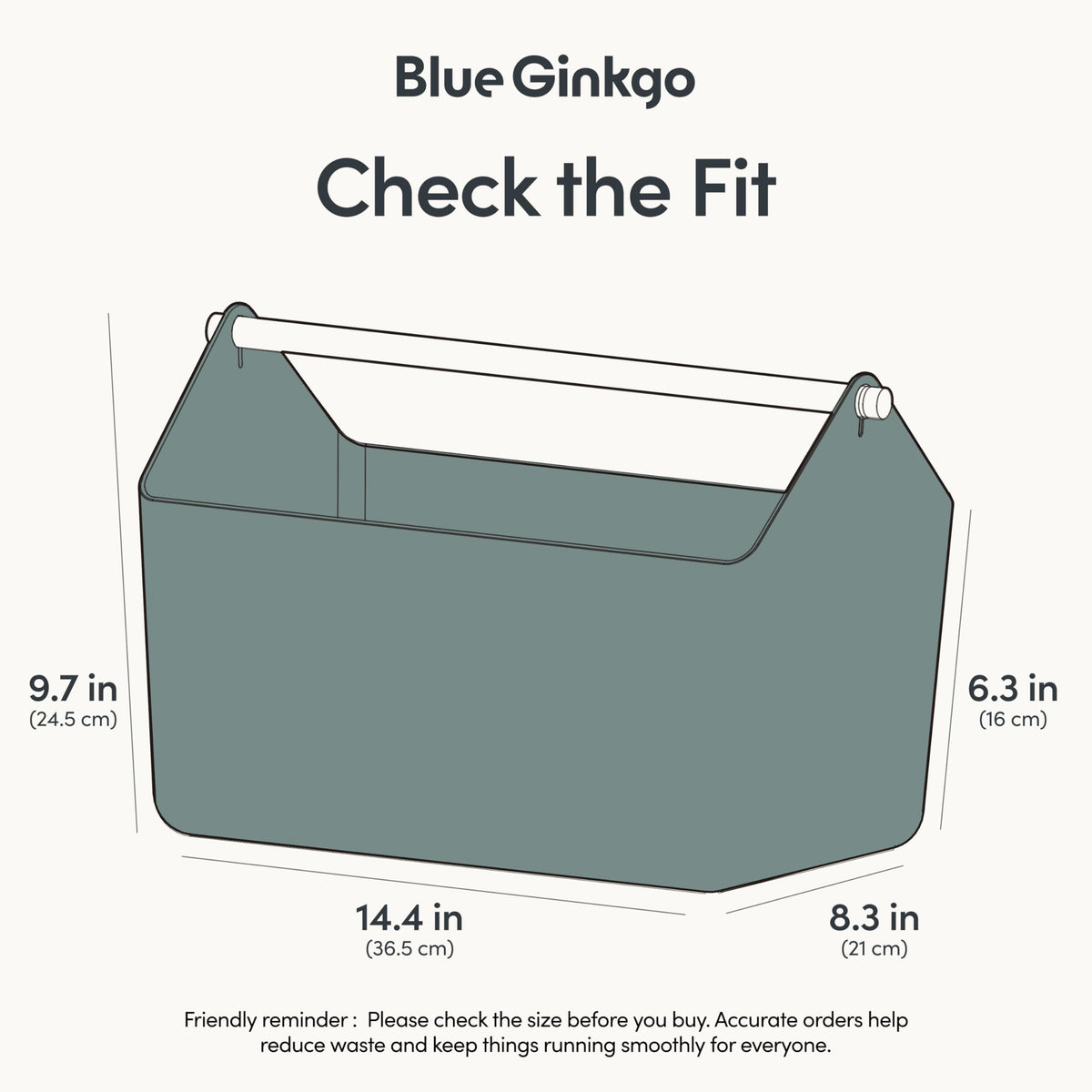 BLUE GINKGO basket with wooden handle, side view for easy carry of cleaning supplies