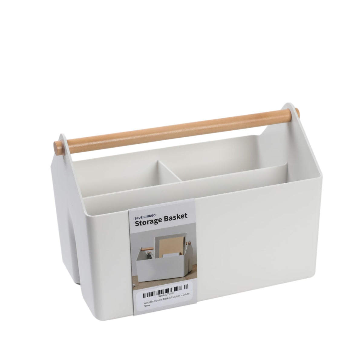Blue Ginkgo medium storage basket with wooden handle for organized desk or kitchen.