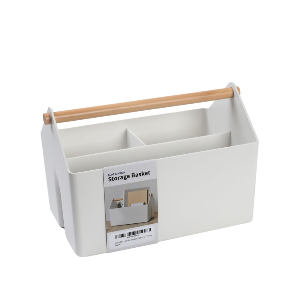 Blue Ginkgo medium storage basket with wooden handle for organized desk or kitchen.