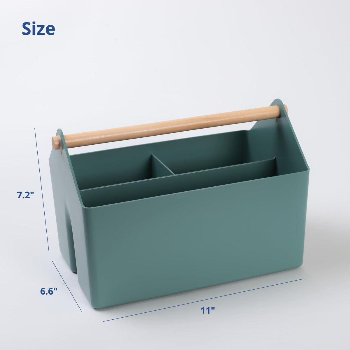 Blue Ginkgo plastic caddy with wooden handle offers easy carrying and access on the go.