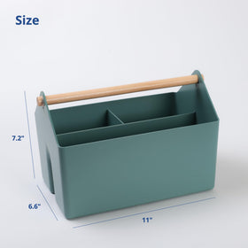 Blue Ginkgo plastic caddy with wooden handle offers easy carrying and access on the go.