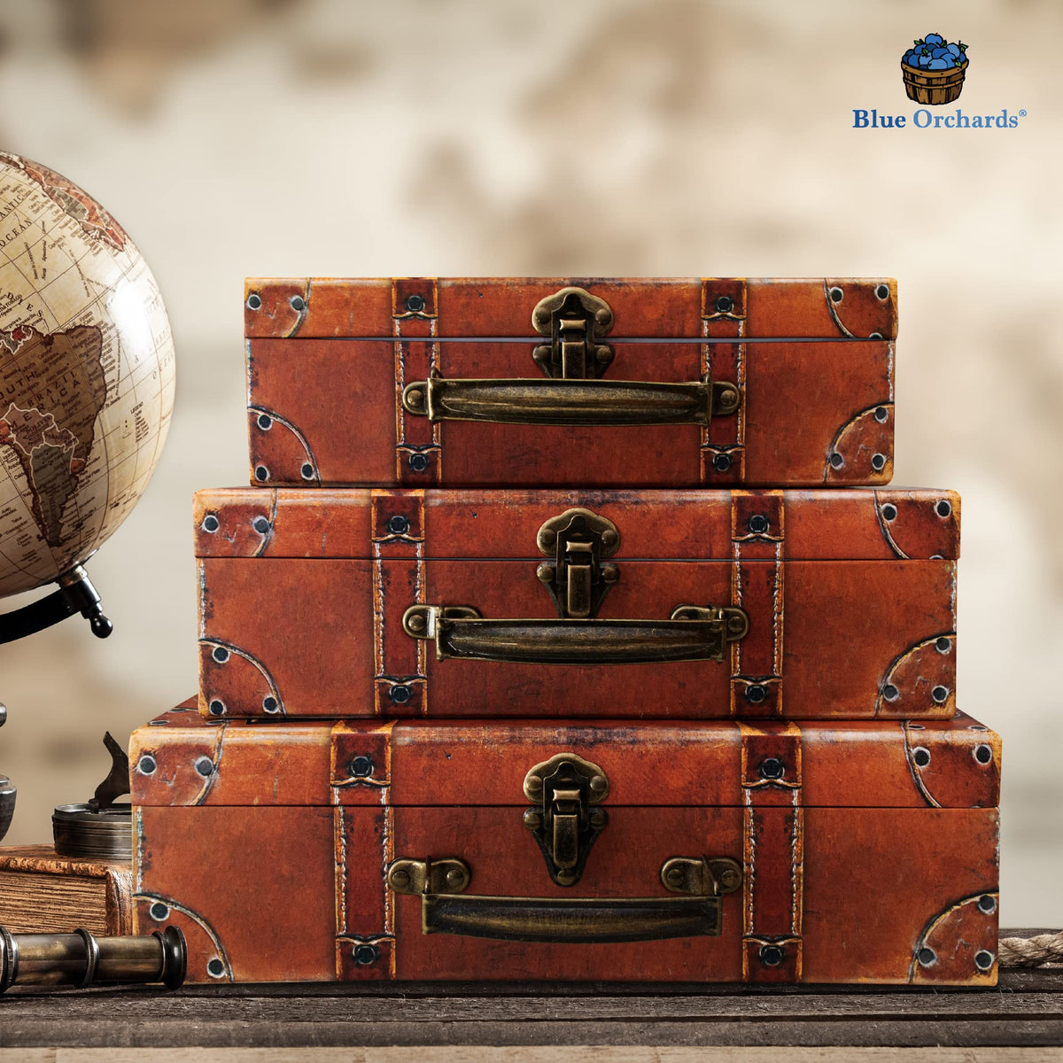 Blue Orchards party prop decor, stylish travel boxes as themed event props.