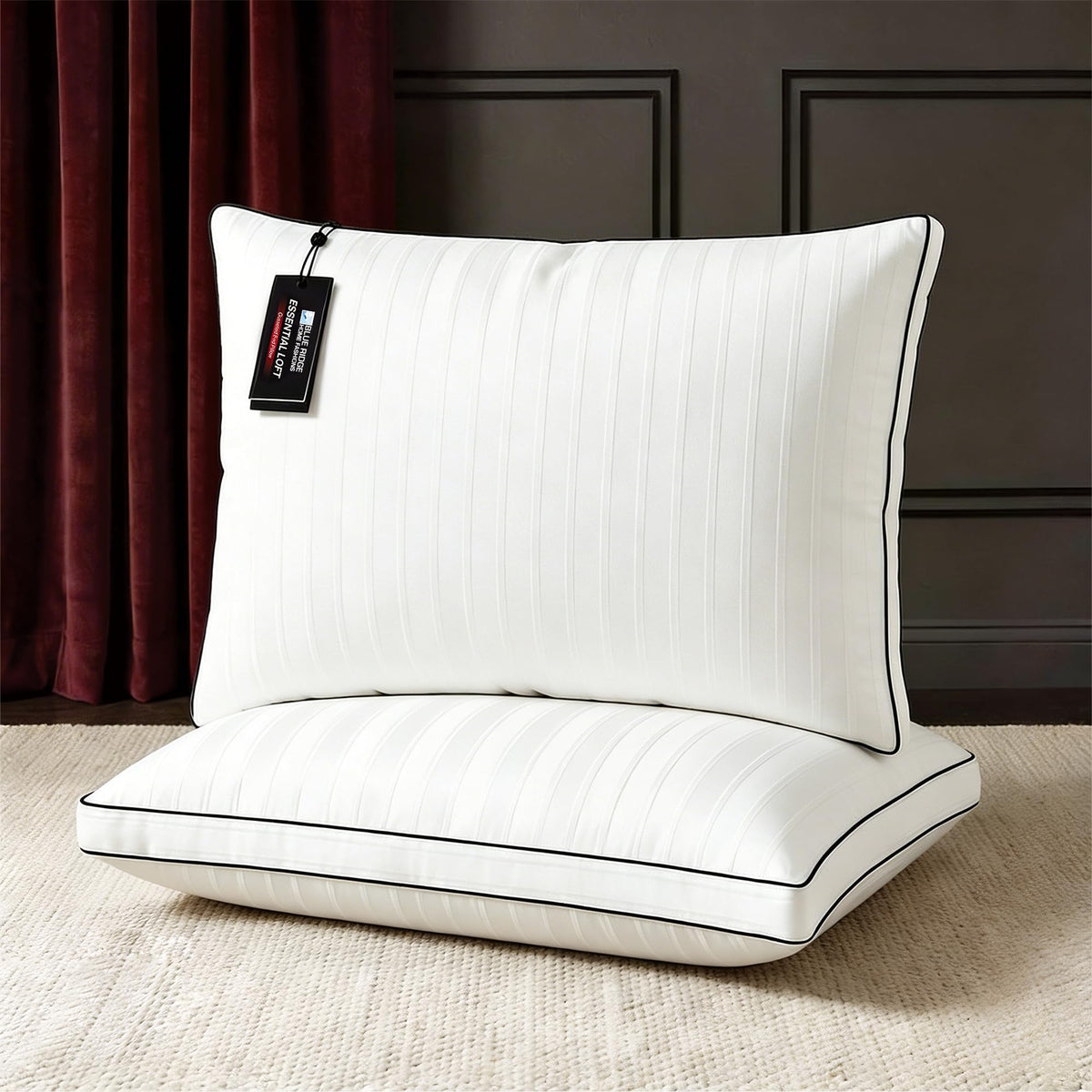 Blue Ridge hotel pillows with cotton cover close-up; premium comfort for spa-like sleep