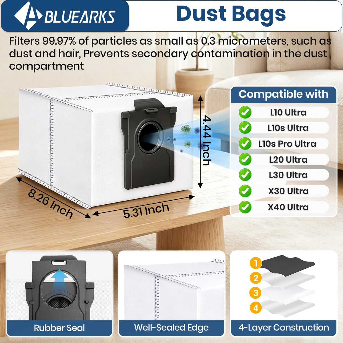 Bluearks Dreame X40 Ultra kit activated carbon bags reduce odors during cleaning.