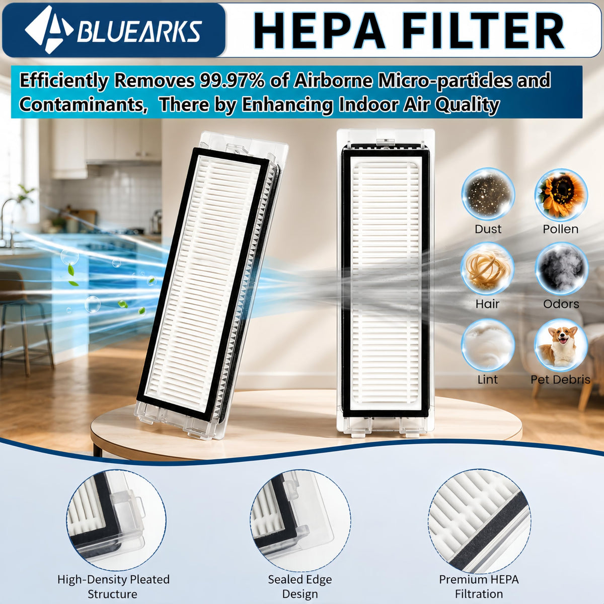 Bluearks six side brushes reach corners and edges for thorough debris pickup