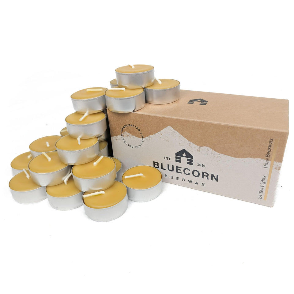 Bluecorn Beeswax tea light in a metal cup for a clean, bright glow