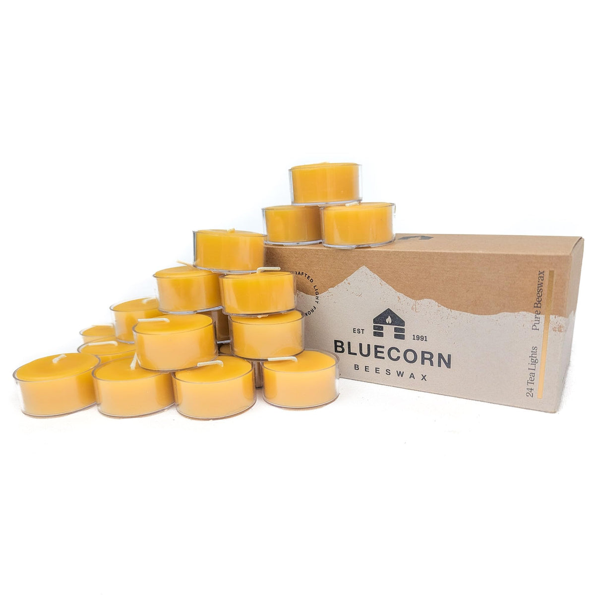 Bluecorn Beeswax tea light yellow glow provides clean, long-lasting ambiance.