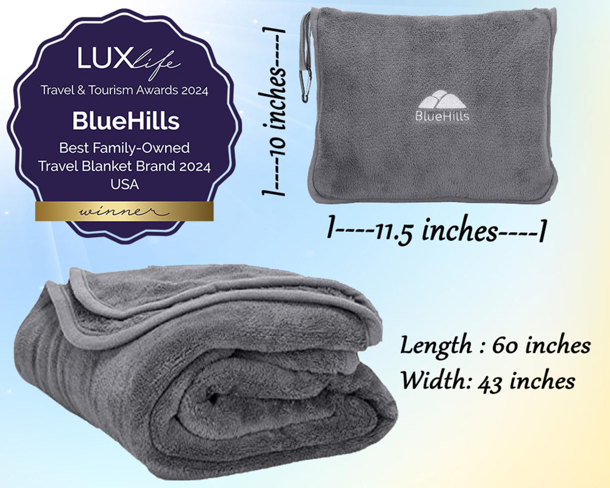 BlueHills blanket clipped to a backpack with carabiner for on-the-go comfort