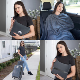 Travel with BlueHills blanket’s hand luggage belt attached to a suitcase