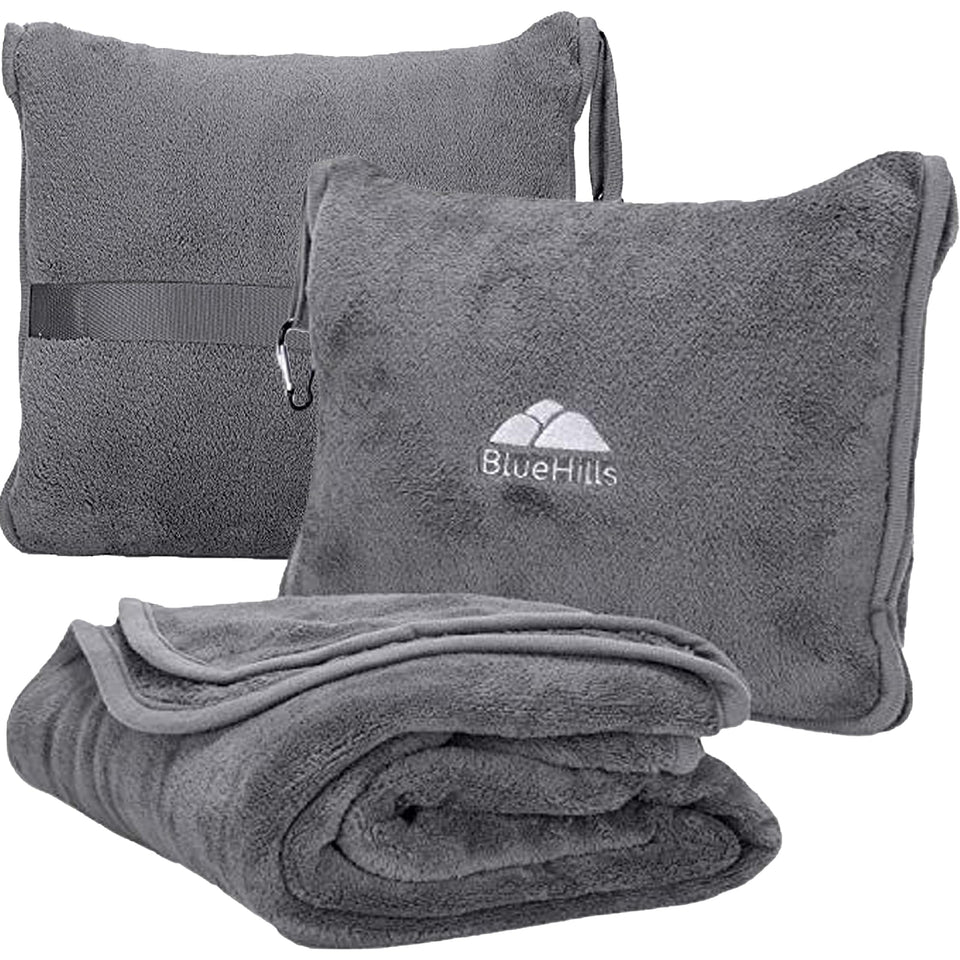 BlueHills premium soft travel blanket and pillow on a plane for cozy warmth