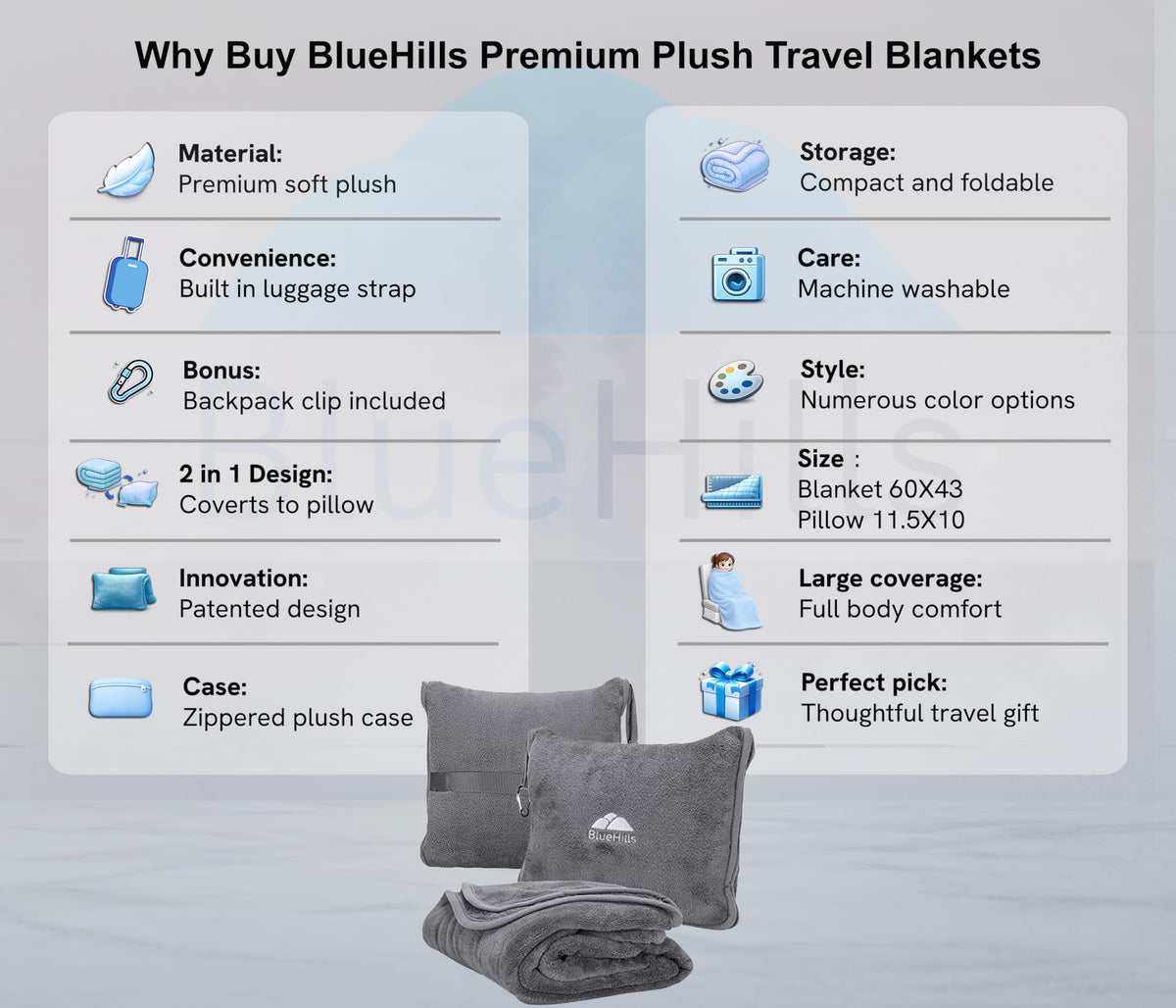 BlueHills soft case with blanket doubles as a small pillow for easy transport