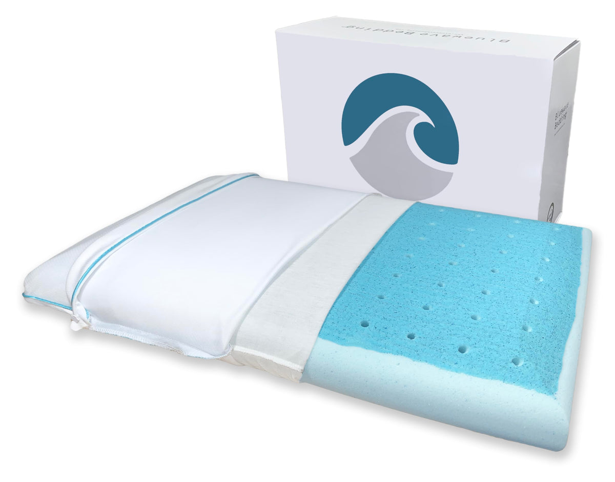 Bluewave Bedding Super Slim Max Cool CarbonBlue pillow, front view, promotes cool comfort for stomach and back sleepers.
