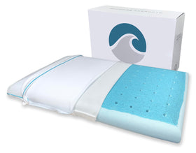 Bluewave Bedding Super Slim Max Cool CarbonBlue pillow, front view, promotes cool comfort for stomach and back sleepers.