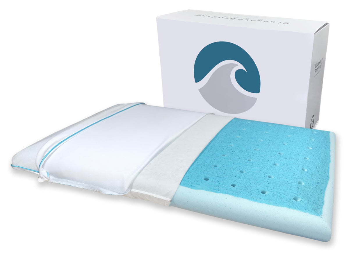 Bluewave Bedding Hyper Slim Max Cool CarbonBlue pillow front view for stomach sleepers.