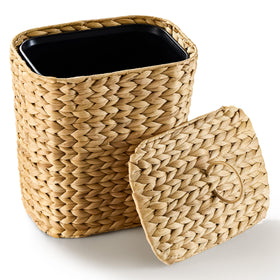 BLUEWEST 2.6-gallon wicker trash can with lid, compact for tight spaces.