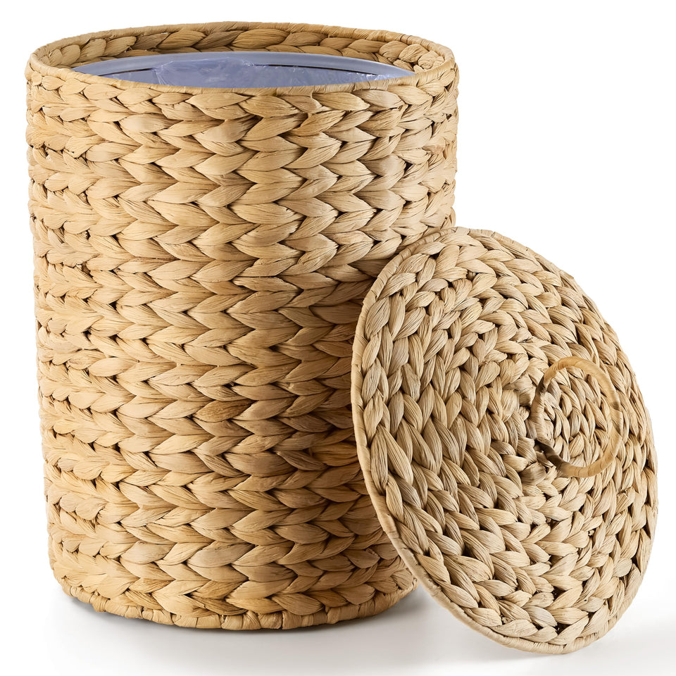 BLUEWEST 3-gallon wicker trash can with lid, compact for small bathrooms.