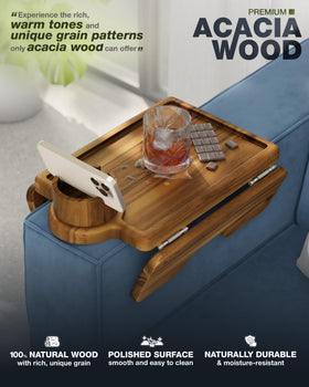 BLUEWEST acacia wood clip-on tray showing natural grain and warmth