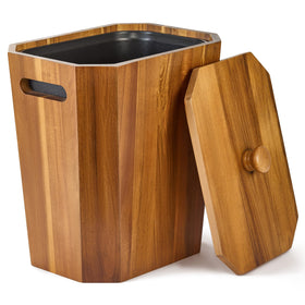 BLUEWEST acacia wood trash can lid close-up showing durable craftsmanship and tidy appearance.