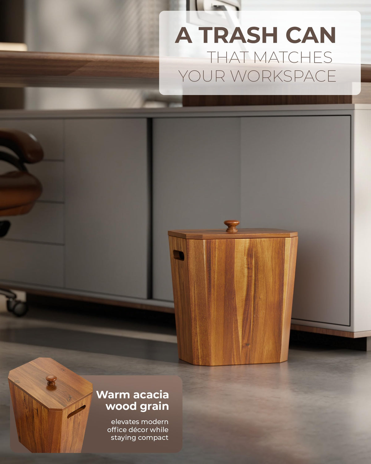 BLUEWEST office decor trash can blends with workspace while staying functional.