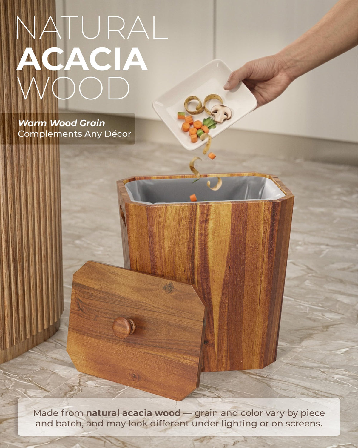 BLUEWEST acacia wood trash can outer shell grain highlights natural beauty and concealment.