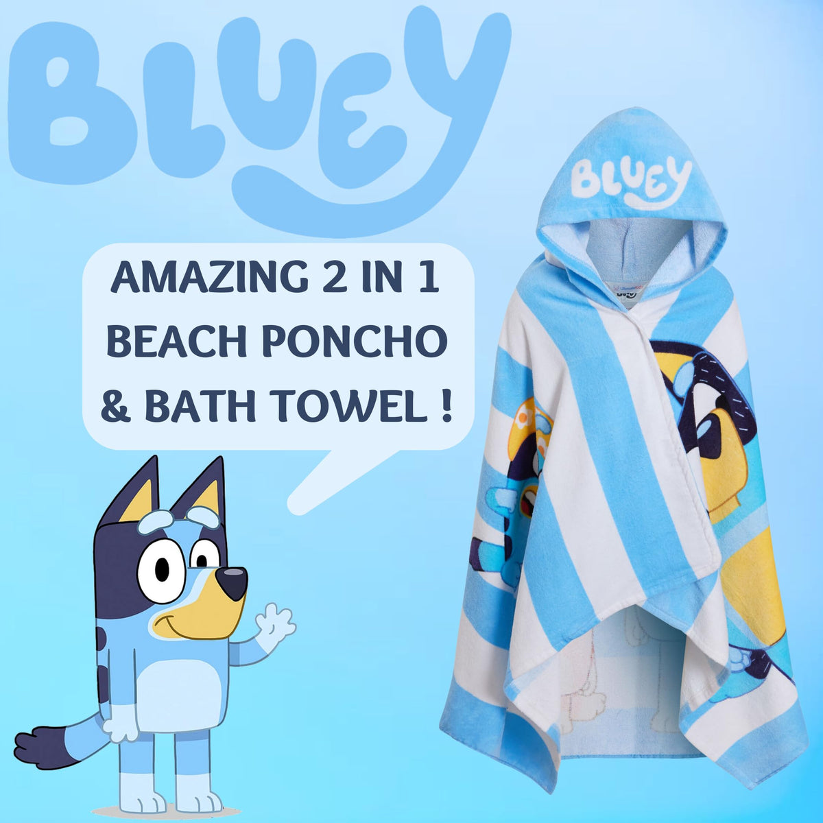 Bluey hooded towel back view, roomy poncho fit with hood