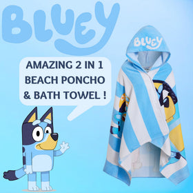 Bluey hooded towel back view, roomy poncho fit with hood