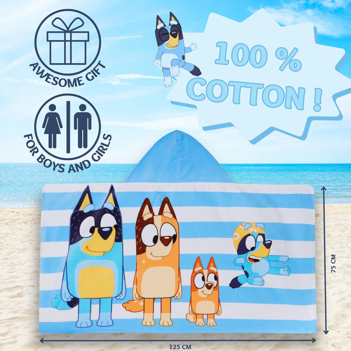 Bluey hooded towel folded display, compact and travel-friendly