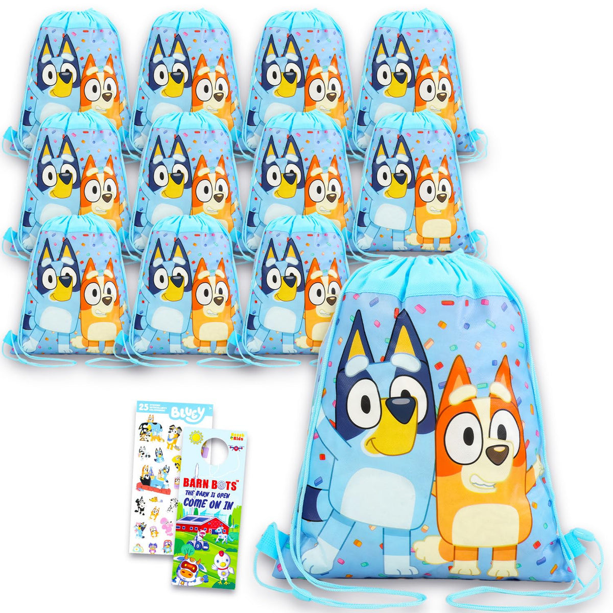 Bluey party favor bags feature colorful artwork, ideal for kid loot at birthdays.
