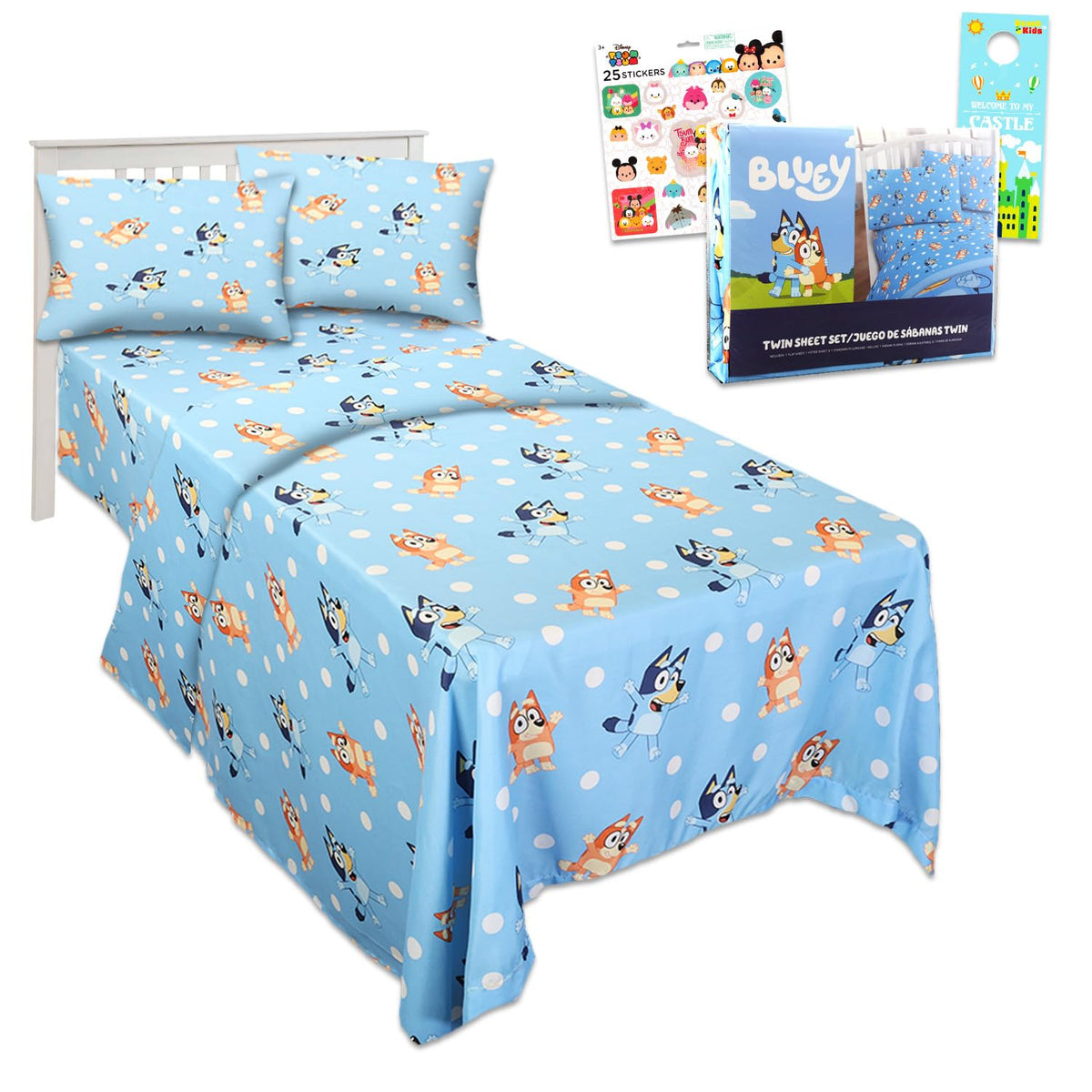 Bluey twin bedding set on bed with vibrant characters for kids.