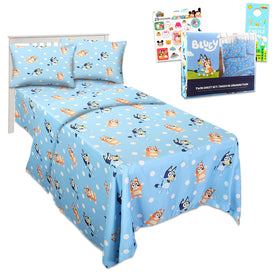 Bluey twin bedding set on bed with vibrant characters for kids.