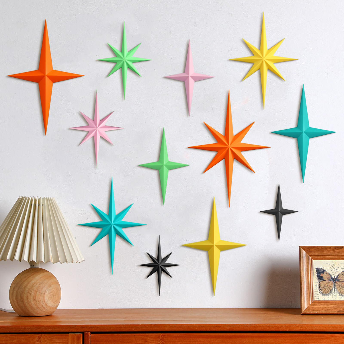 Blulu 12-piece starburst wall decor collection creates a retro focal point.