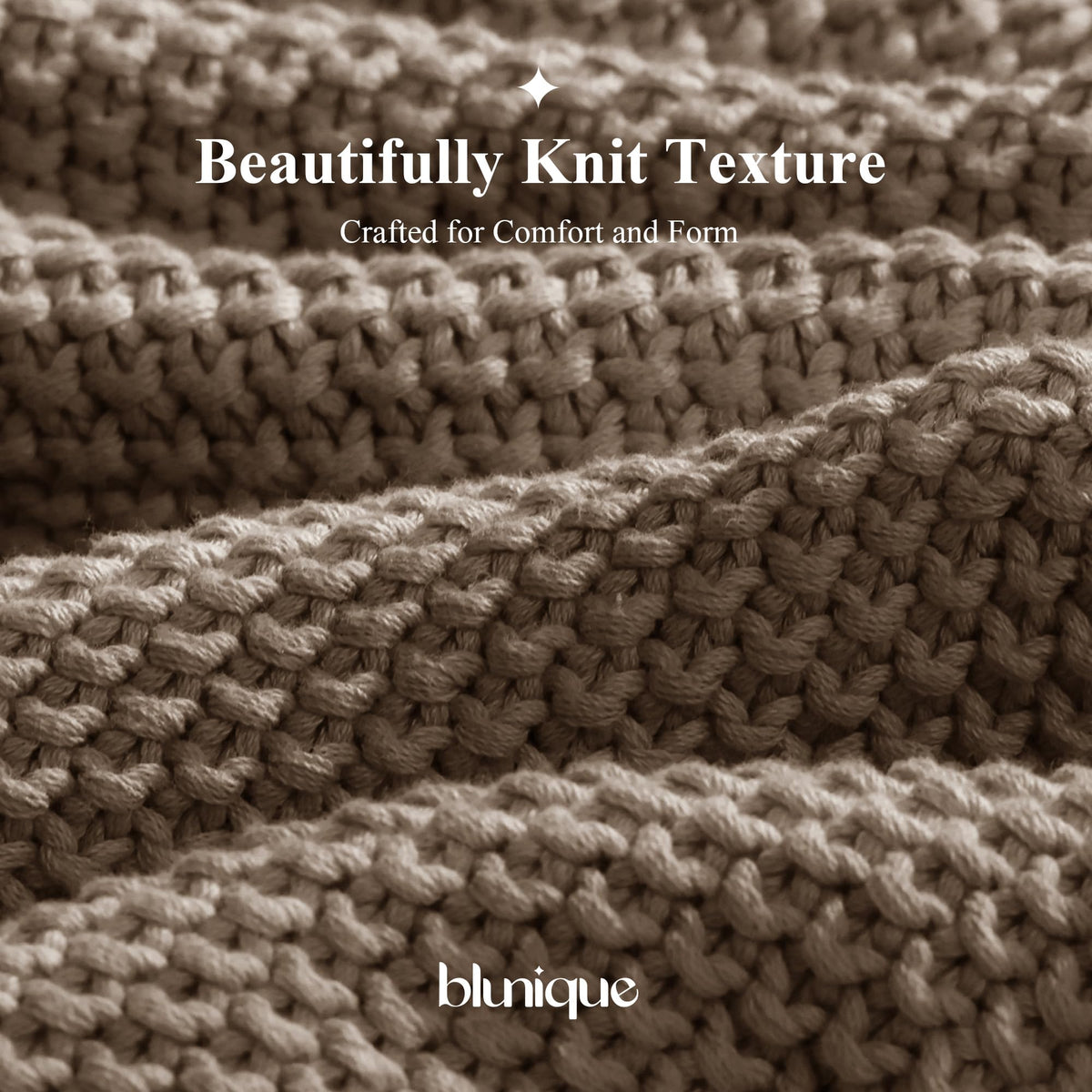 Beige cotton knit layer by the bed adds subtle warmth.