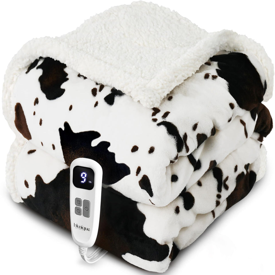 Blunique heated blanket throw in cow print white for cozy warmth