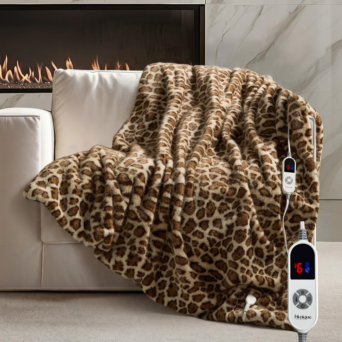 Blunique leopard print luxury faux fur blanket featuring plush warmth and non-shedding comfort.