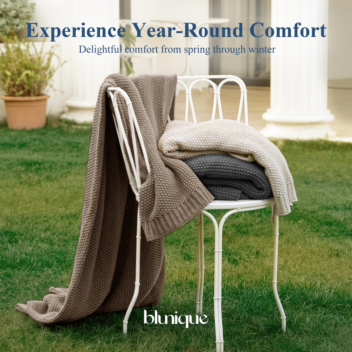blunique cable knit blanket folded for easy care and storage.