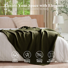 blunique Olive Green cable knit throw draped over bed for soft comfort.