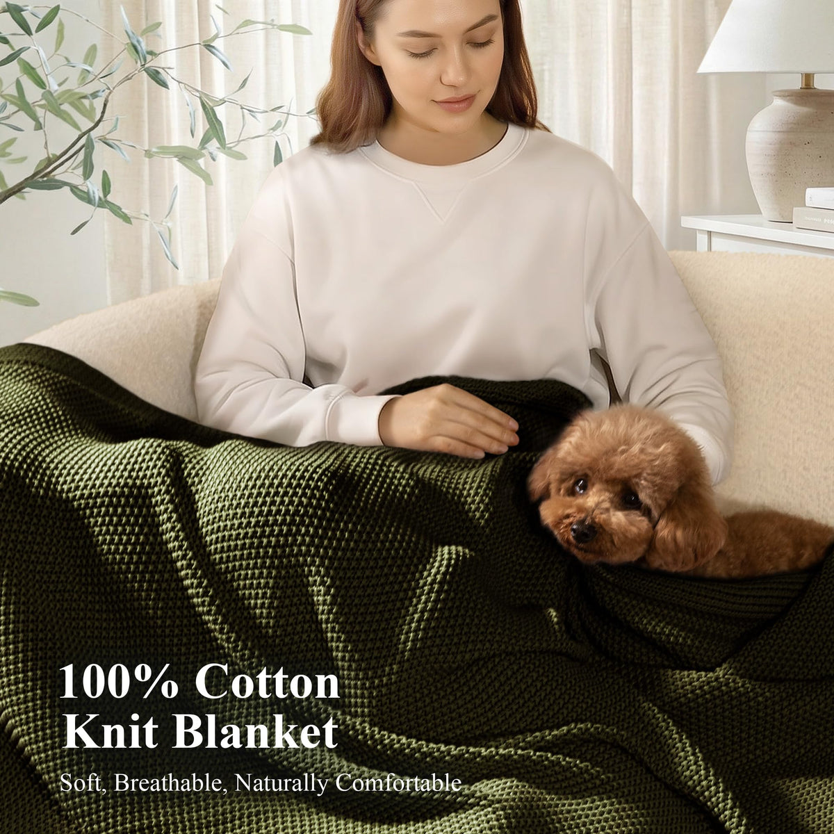 blunique Olive Green cable knit throw folded neatly for easy styling.