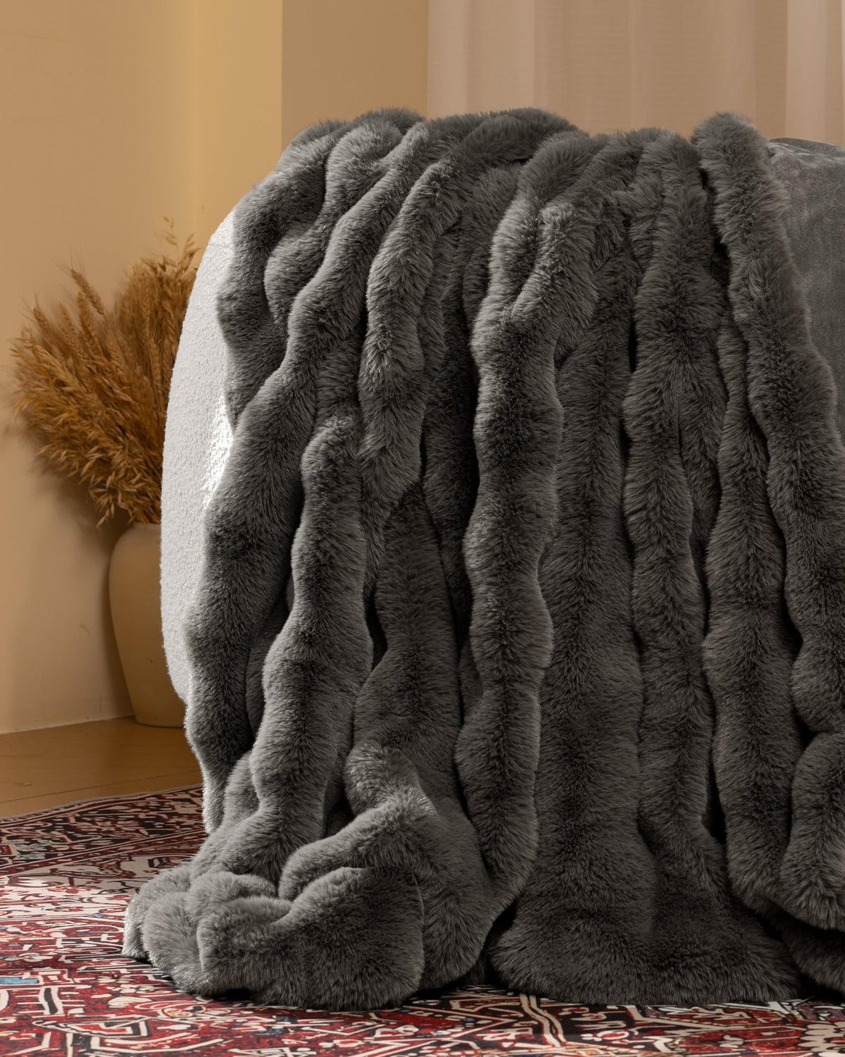 Close-up of faux rabbit fur side from Blunique blanket highlighting luxurious softness