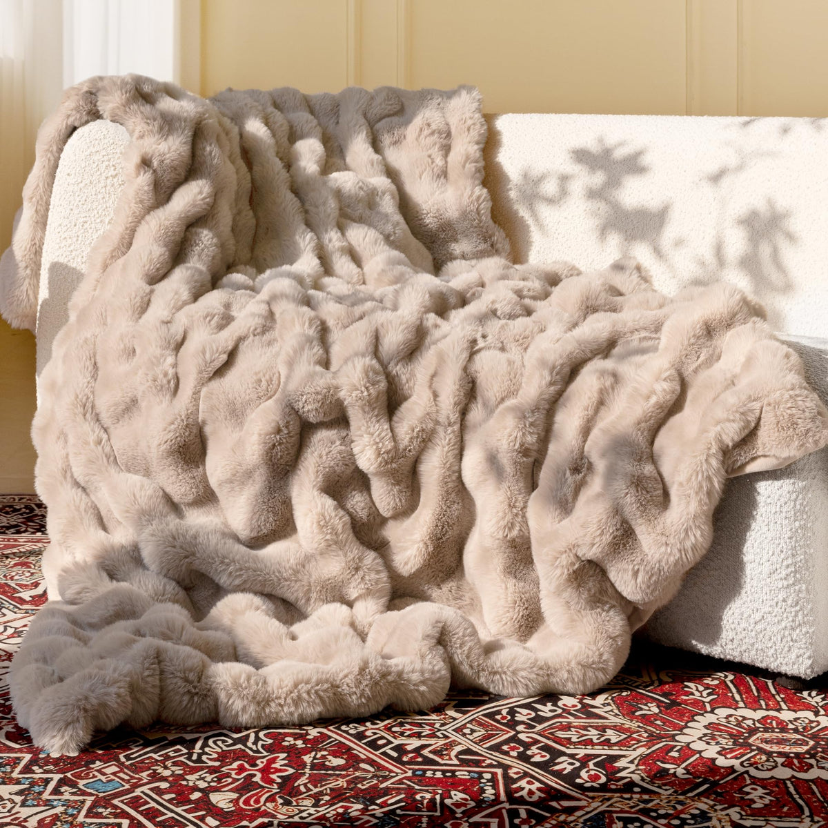 Blunique Ultra Soft Faux Fur Throw with bubble design adds luxurious warmth to your couch.