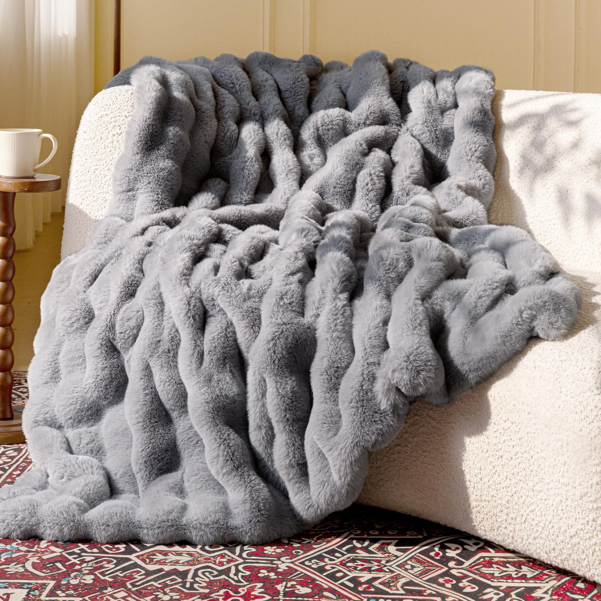 Blunique Ultra Soft Cozy Faux Fur Throw Blanket in light grey showing plush surface for couch warmth