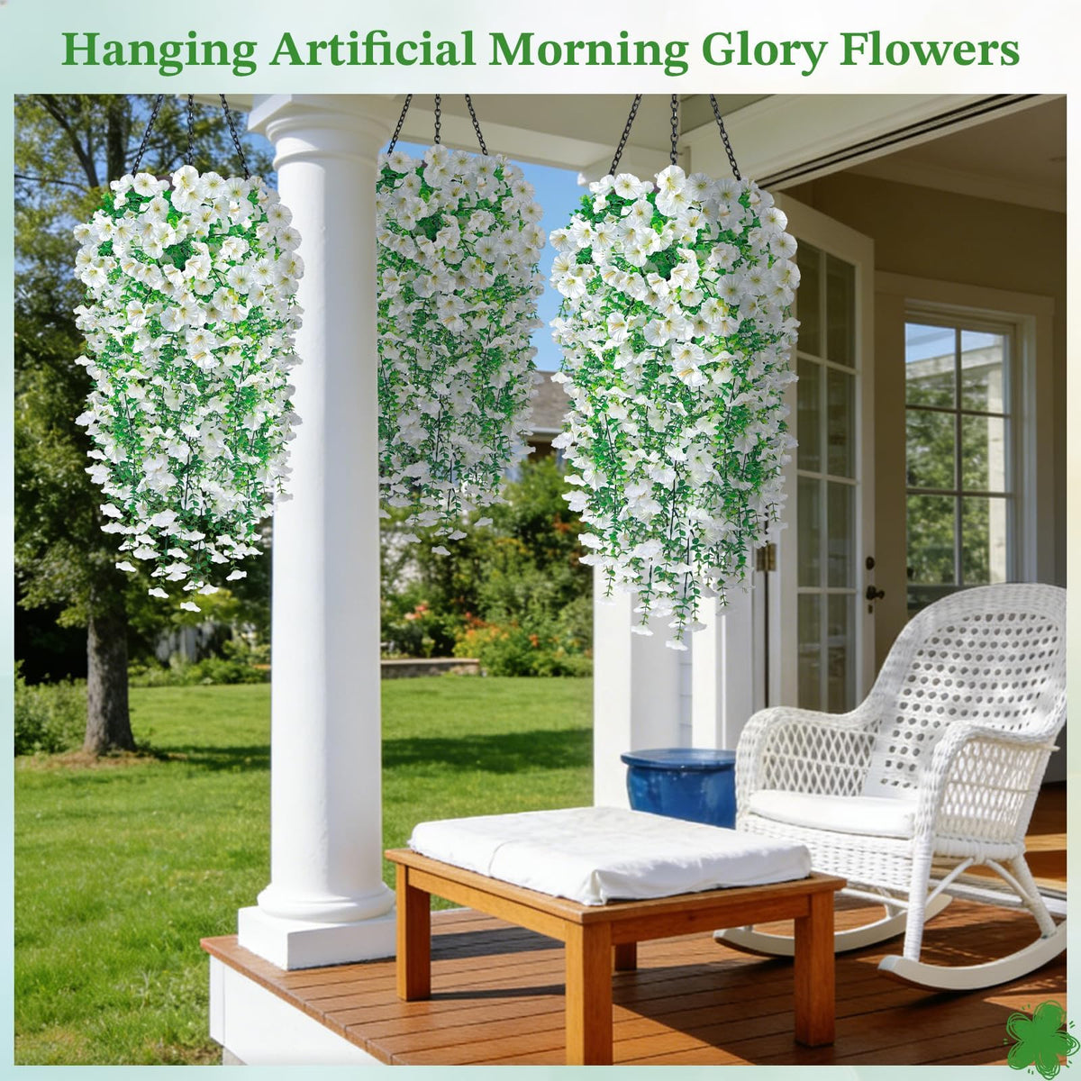 Blurap outdoor porch decor with faux morning glory provides year-round color and charm.