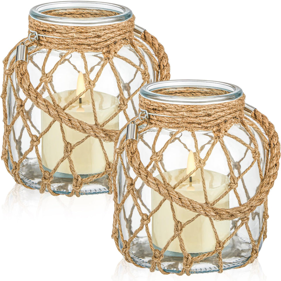 Blushtier 2-pack nautical candle lanterns with rope handles for elegant coastal tables.