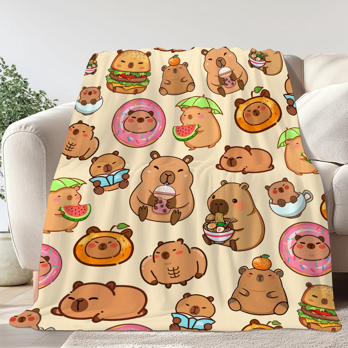 Bmaows capybara blanket front view with playful design for cozy kids.
