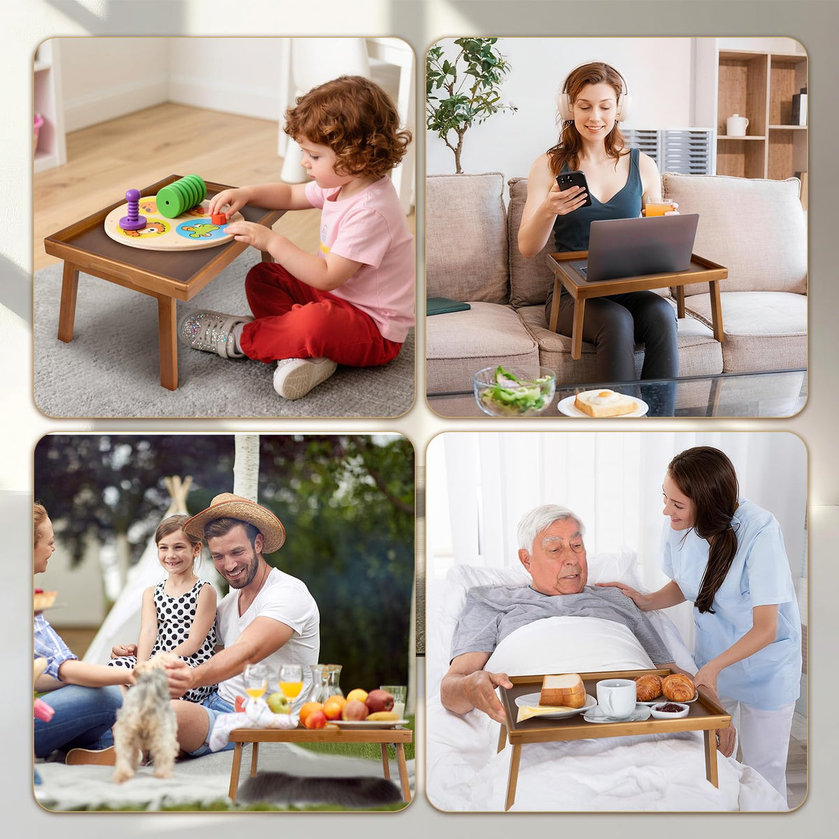 Bmboryxa bamboo tray folds compactly under the sofa for storage.
